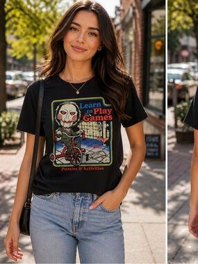 SAW “Learn to Play Games” Graphic T-Shirt Size L NWOT Horror Movie Tee